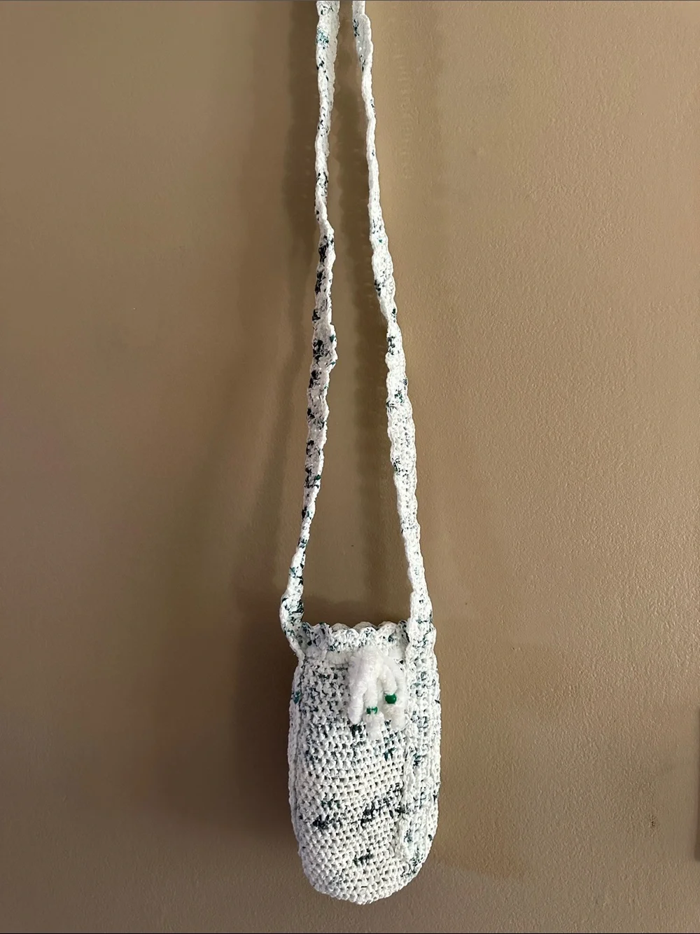 Handmade Crocheted White Speckled Crossbody Bag - Women
